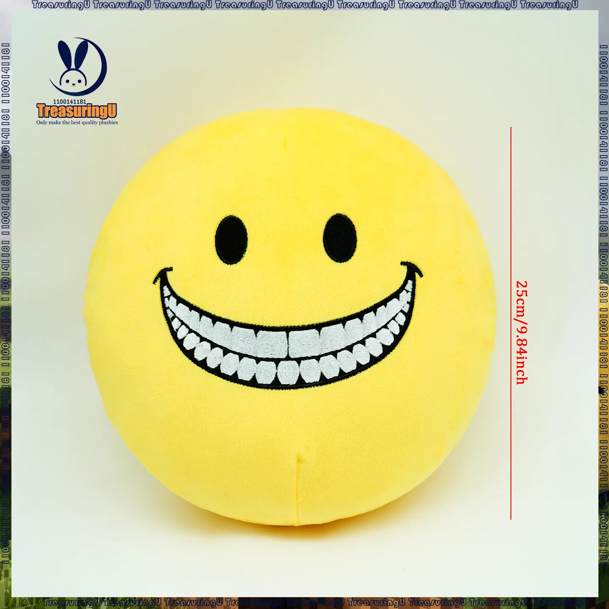 A yellow, smiling face plush doll designed for stress relief.