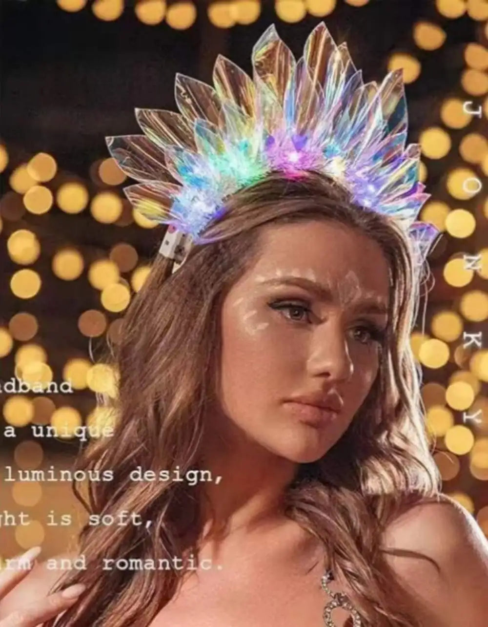 A woman wearing a luminous LED glowing crown or headband with iridescent light effects.