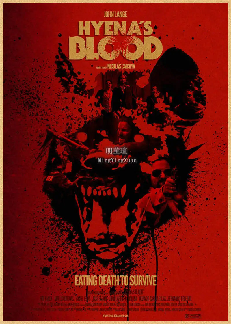 A red movie poster titled HYENA'S BLOOD featuring a stylized, bloody face and text.