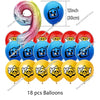 A set of 18 balloons featuring a blue and pink number 9 and yellow skull-themed balloons.
