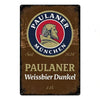 Vintage metal sign for Paulaner Weissbier Dunkel beer featuring the Paulaner München logo and founding year 1634