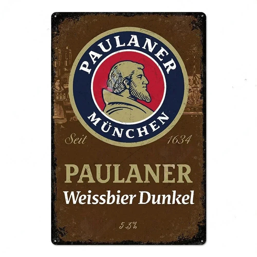 Vintage metal sign for Paulaner Weissbier Dunkel beer featuring the Paulaner München logo and founding year 1634