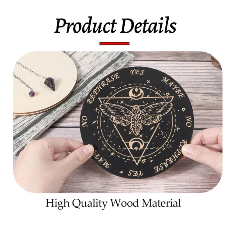 A black wooden divination board with symbols and text is shown next to a light wood coaster.