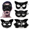 A collection of black lace half-face masks for masquerade and cosplay, including a traditional mask and a cat-eared version.