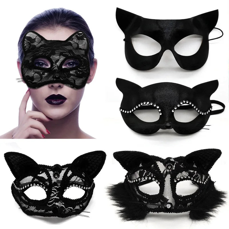 A collection of black lace half-face masks for masquerade and cosplay, including a traditional mask and a cat-eared version.