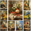 A collection of oil paintings depicting various still life scenes, including fruit, flowers, and rustic objects.