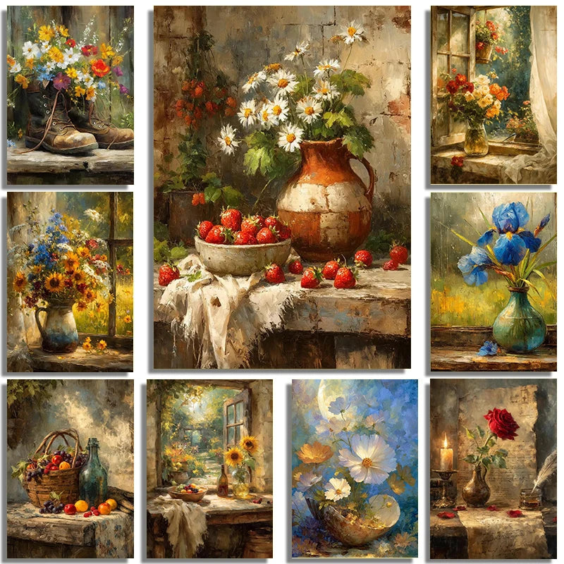 A collection of oil paintings depicting various still life scenes, including fruit, flowers, and rustic objects.