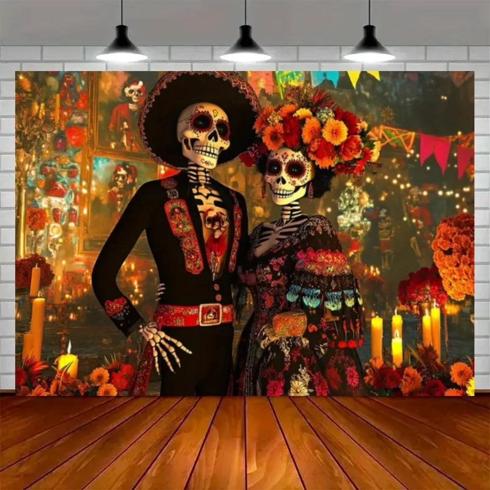 Day of the Dead Skeleton Carnival Backdrop for Halloween Party Decorations