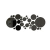 A set of black 3D acrylic mirror wall decor featuring various circular shapes.