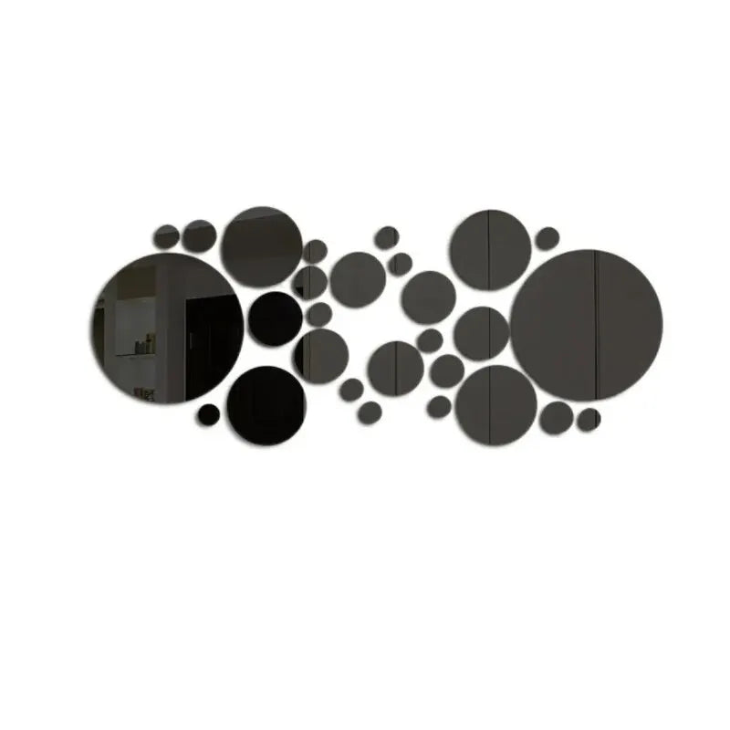A set of black 3D acrylic mirror wall decor featuring various circular shapes.