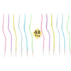 A collection of 48 spiral birthday cake candles in various pastel colors and finishes.