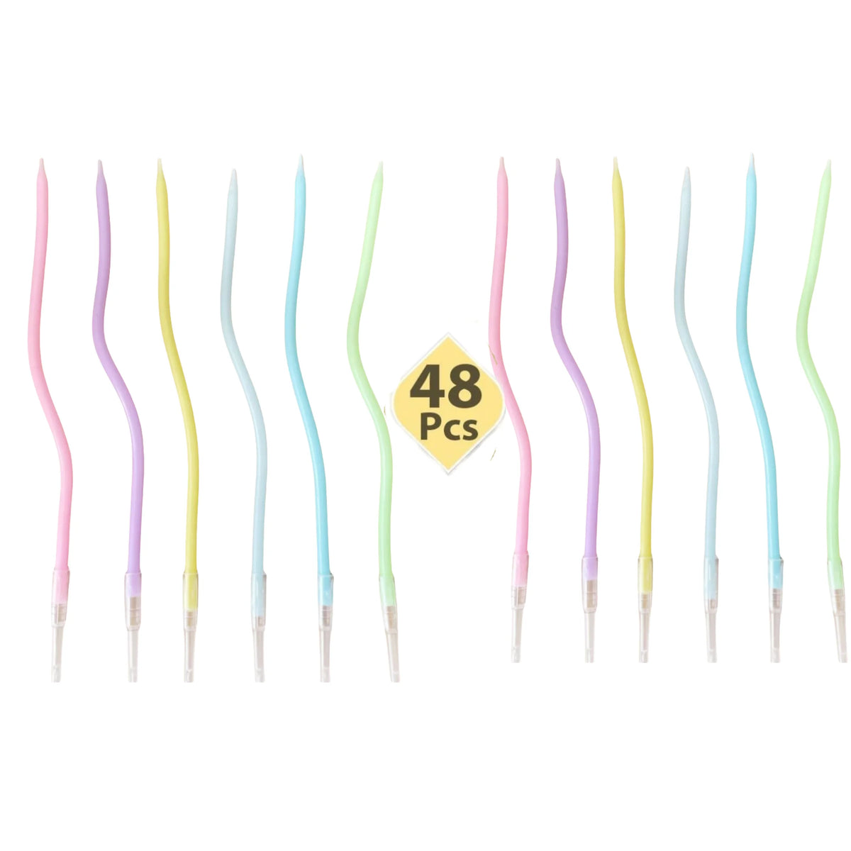 A collection of 48 spiral birthday cake candles in various pastel colors and finishes.