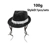 Black sparkly sequin disco hat with a white trim and attached tie and glove set