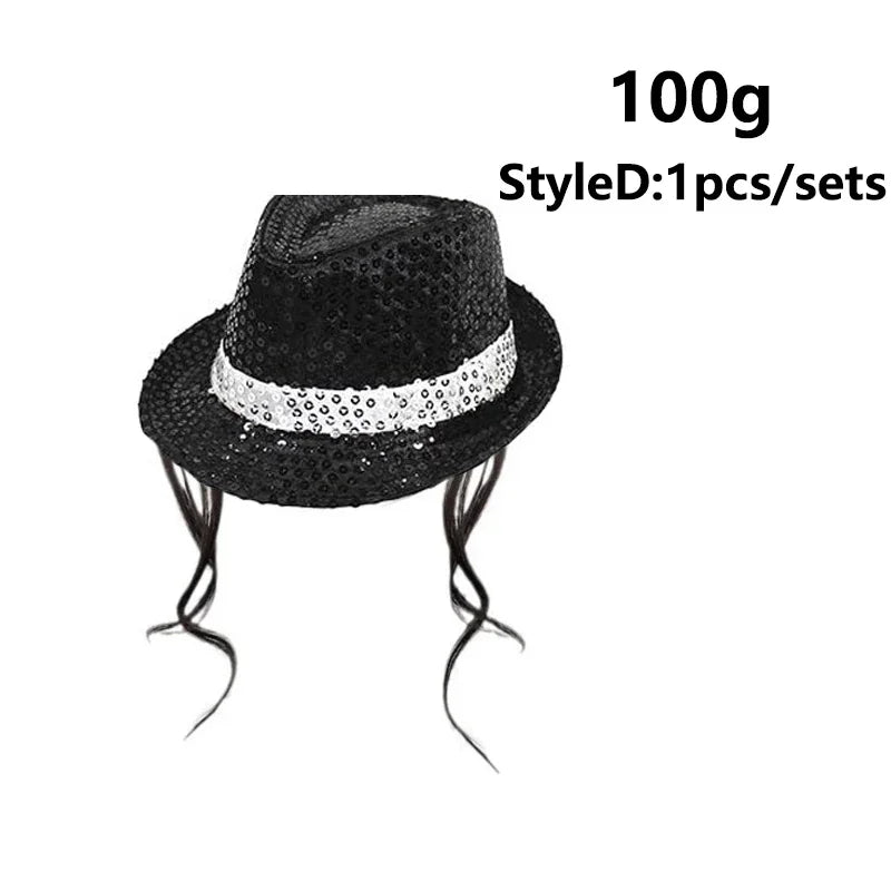 Black sparkly sequin disco hat with a white trim and attached tie and glove set
