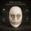 A sculpted white ghost face mask is displayed against a dark background with text indicating various occasions.