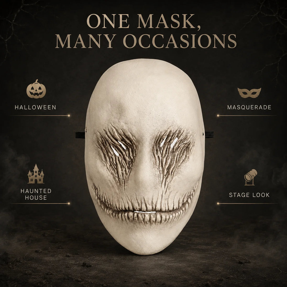 A sculpted white ghost face mask is displayed against a dark background with text indicating various occasions.