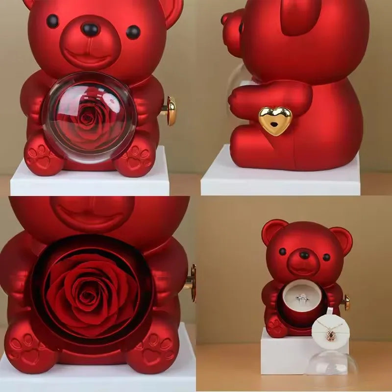 Rotating Hugging Bear Jewelry Box with Rose
