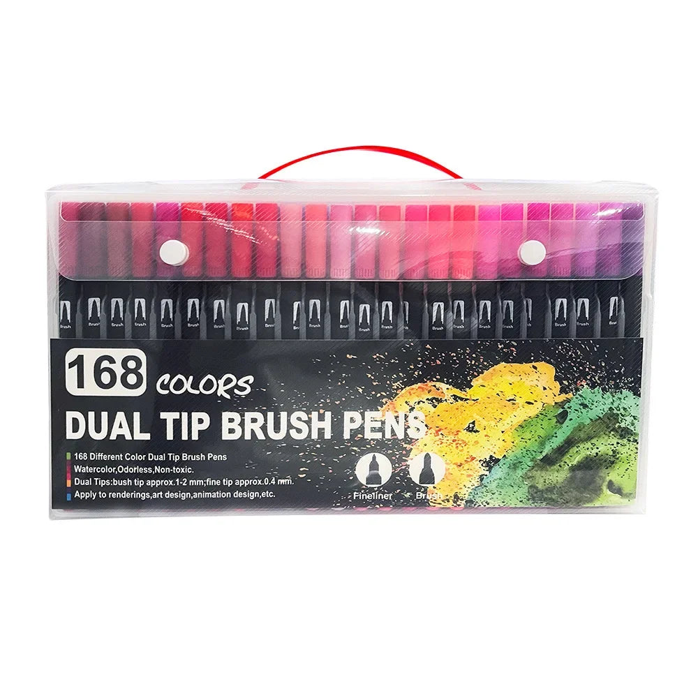 A clear plastic pack of 168 dual-tip brush pens featuring various watercolor colors.