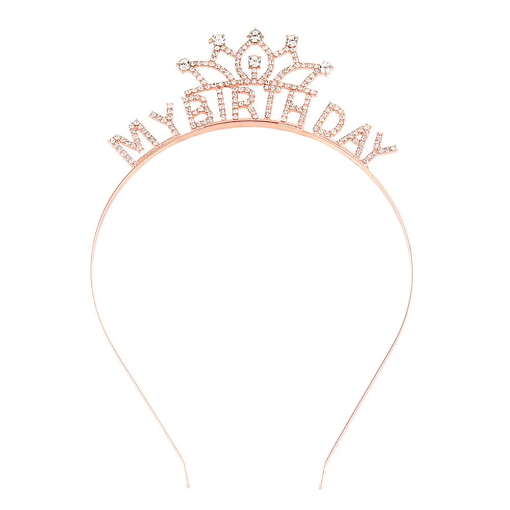 A delicate rose gold tiara crown headband for a birthday celebration.