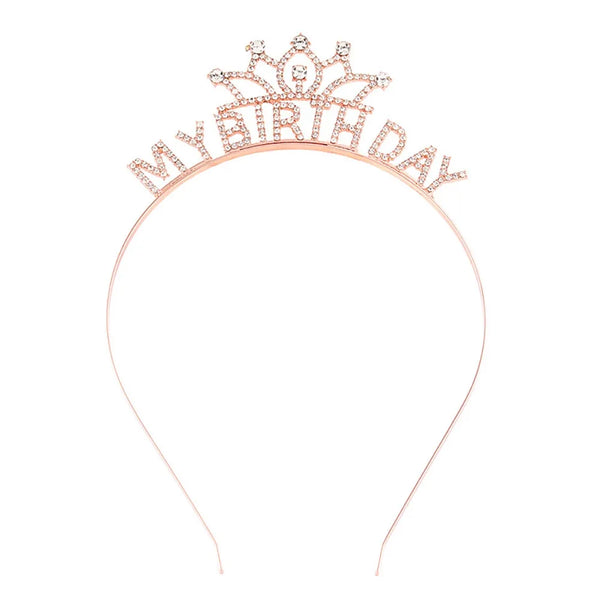 A delicate rose gold tiara crown headband for a birthday celebration.