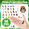 A hand holds a set of 50 articulated mini animal figurines, including owls, cats, and other small creatures.