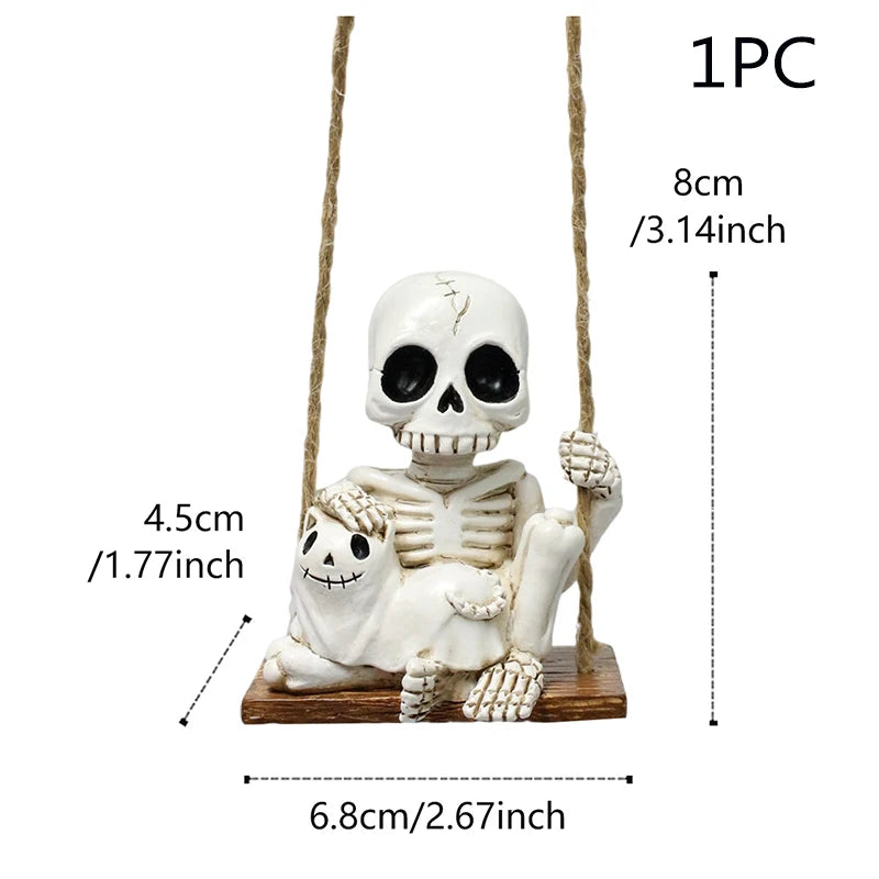 A white skull and skeleton figure is shown hanging by a twine cord, with dimensions provided.