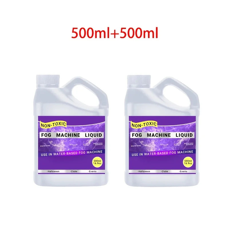 Two bottles of 500ml fog machine liquid are shown, labeled non-toxic and for use in water-based fog machines.