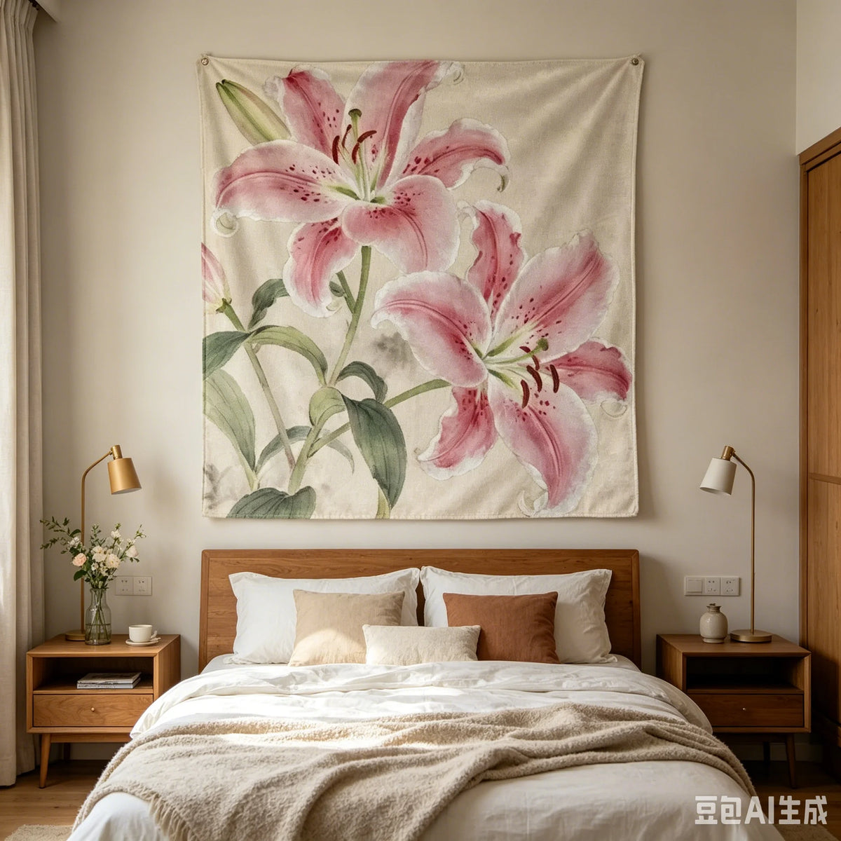 Pink lily tapestry featuring large floral print hanging above a wooden bed frame.