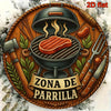 Vintage BBQ metal sign with a grill design and the text Zona de Parrilla on a round wooden plaque.