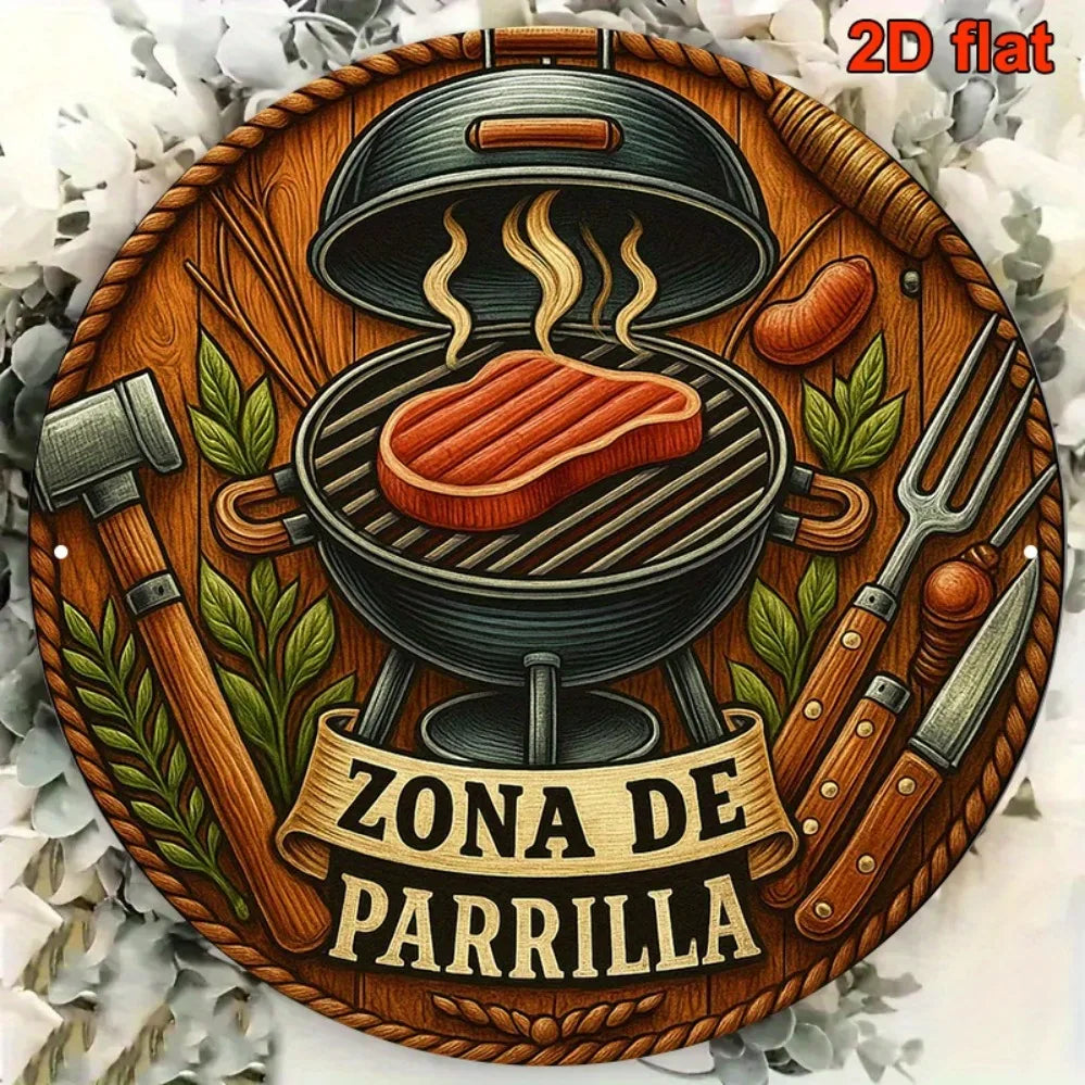 Vintage BBQ metal sign with a grill design and the text Zona de Parrilla on a round wooden plaque.