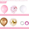 A kit of pink and white balloons including solid balloons, confetti balloons, and ribbon for decoration.