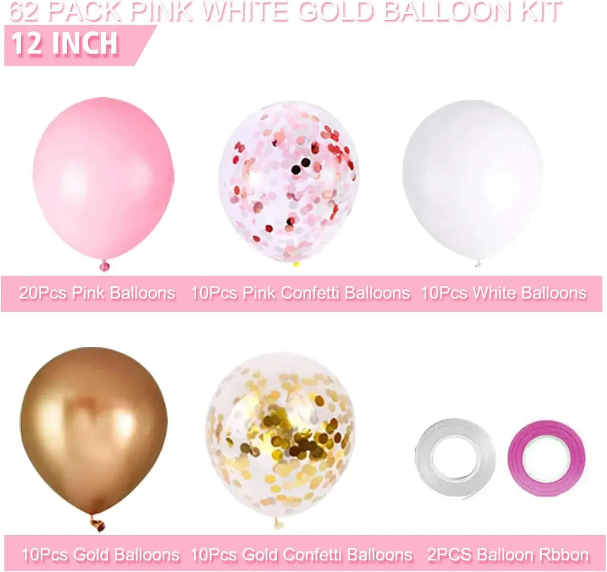 A kit of pink and white balloons including solid balloons, confetti balloons, and ribbon for decoration.