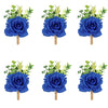 A set of six deep blue silk roses in a boutonniere style with green foliage and wooden sticks.