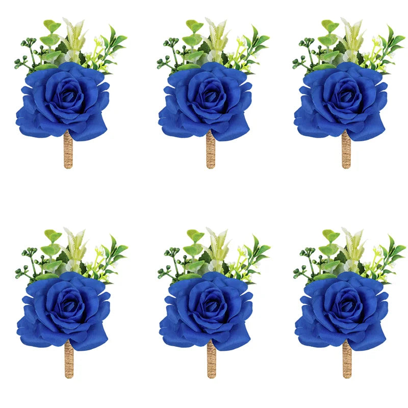 A set of six deep blue silk roses in a boutonniere style with green foliage and wooden sticks.