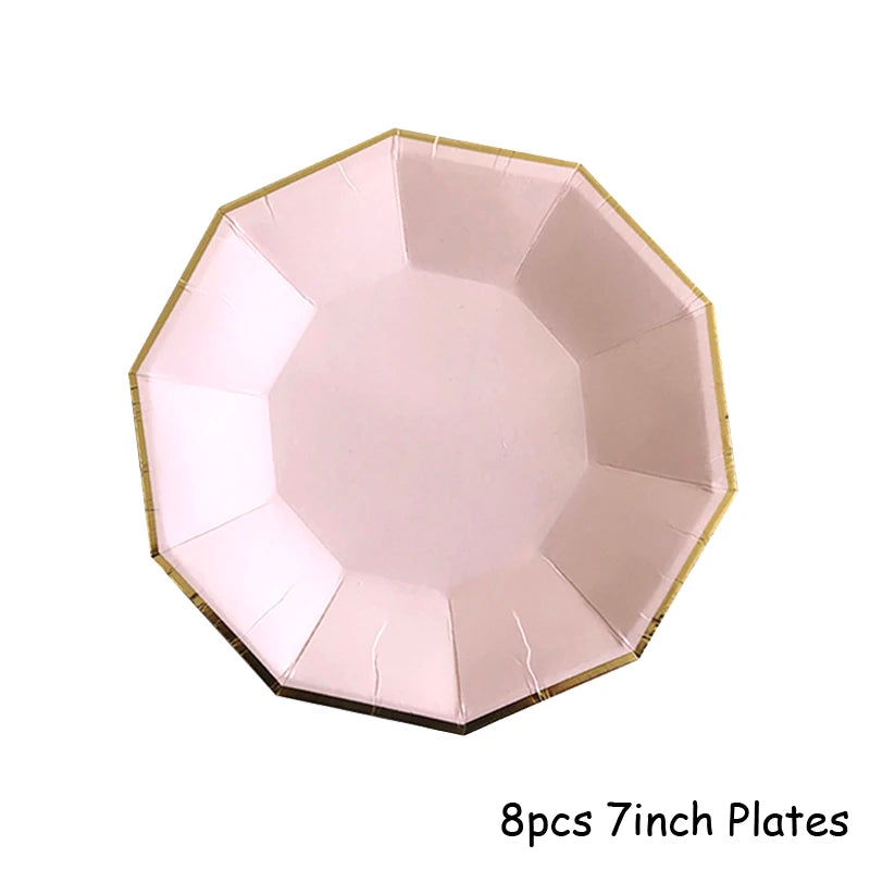 Eight 7-inch pink disposable plates with gold edges