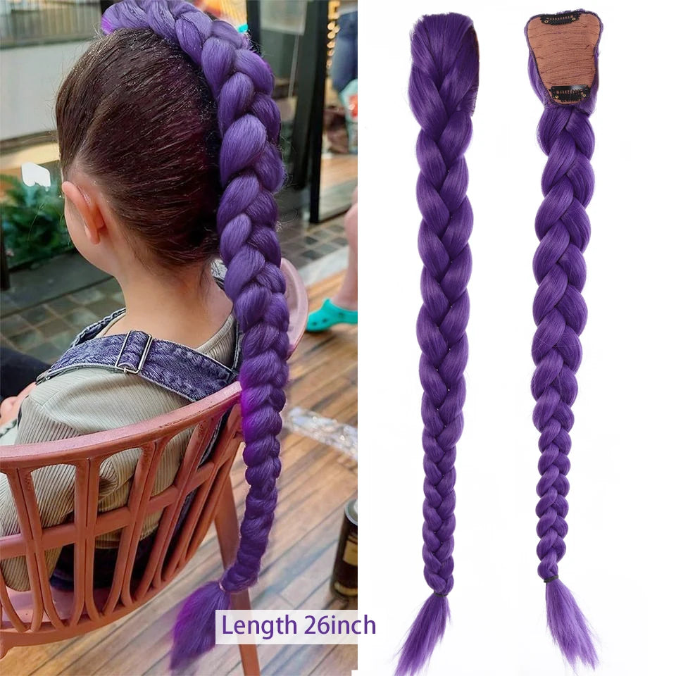 Purple braided ponytail hairpiece for kids shown next to a model's head.