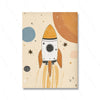 A watercolor illustration of a yellow rocket taking off against a light background with celestial elements.