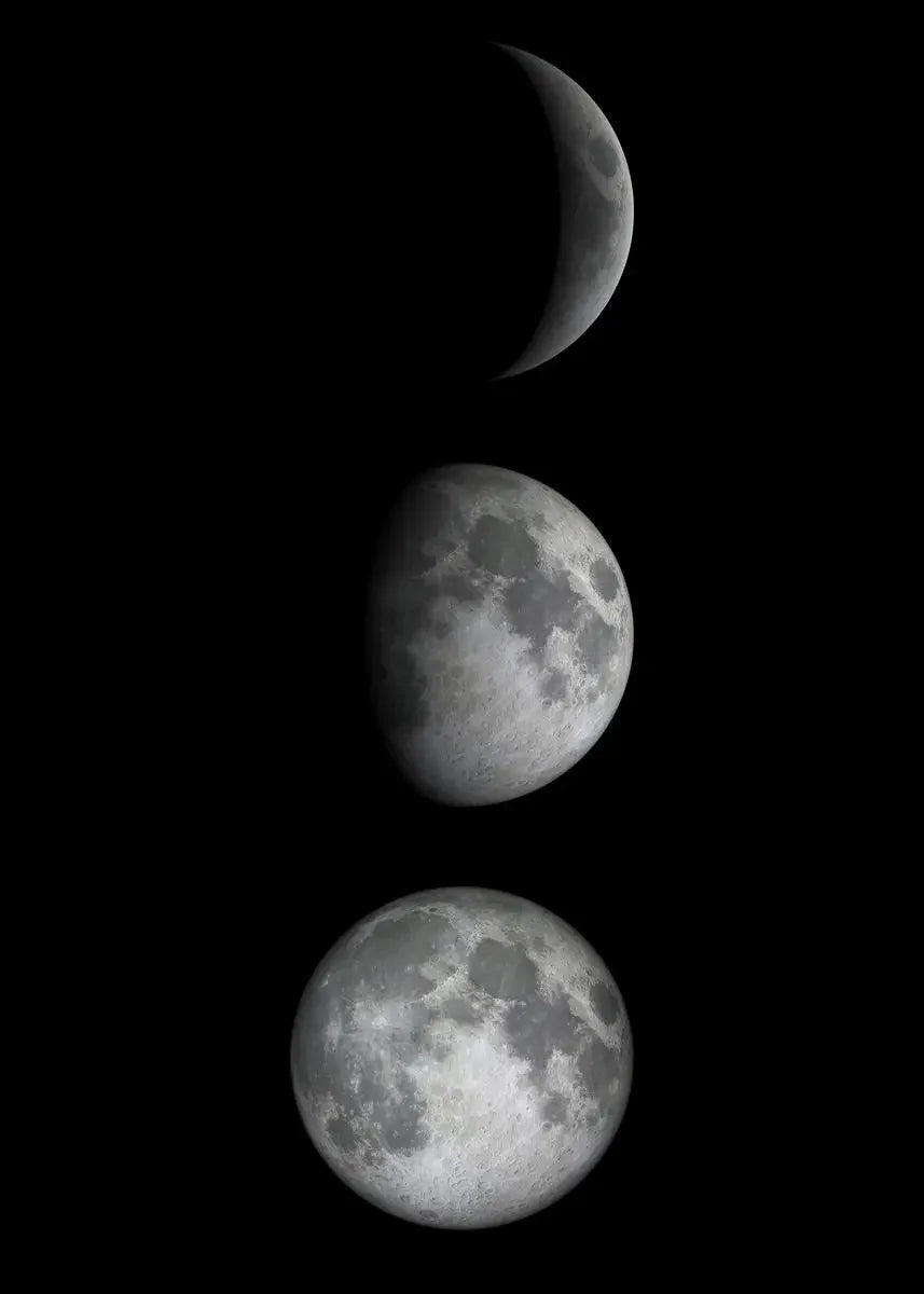 A series of three full moon phases, from crescent to gibbous and full, against a black background.