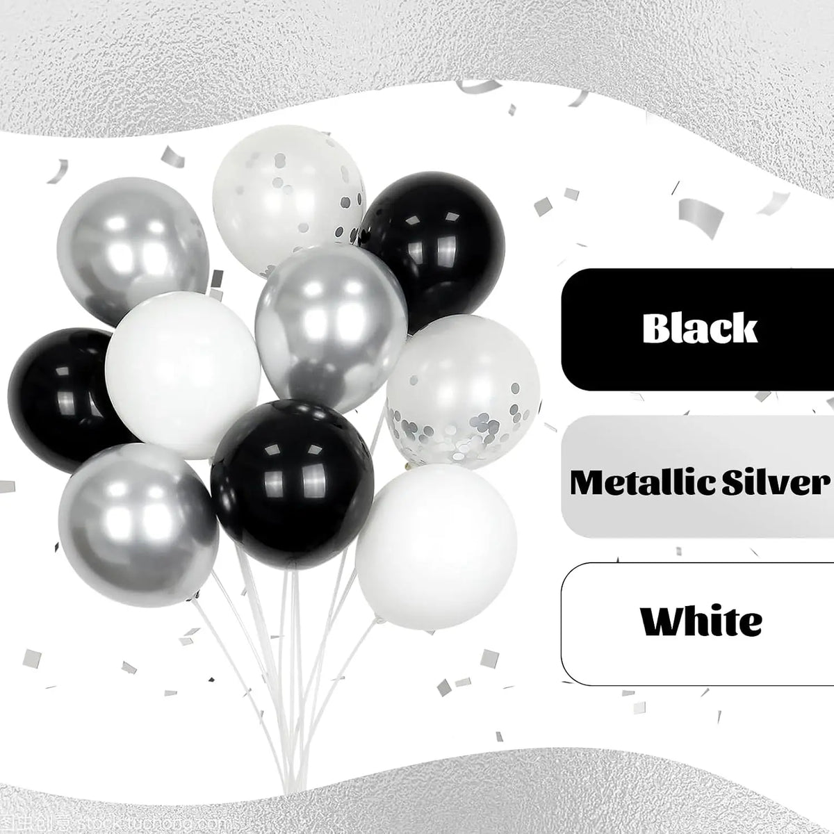 A collection of black, silver, and white balloons for event decoration.