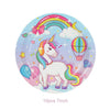 A colorful plate featuring a unicorn, rainbow, clouds, and balloons for a birthday party theme.