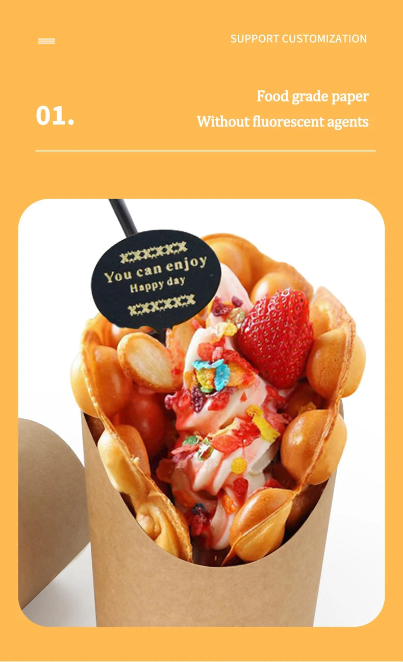 A close-up of a food item served in a disposable kraft paper cup, featuring fruit and toppings.
