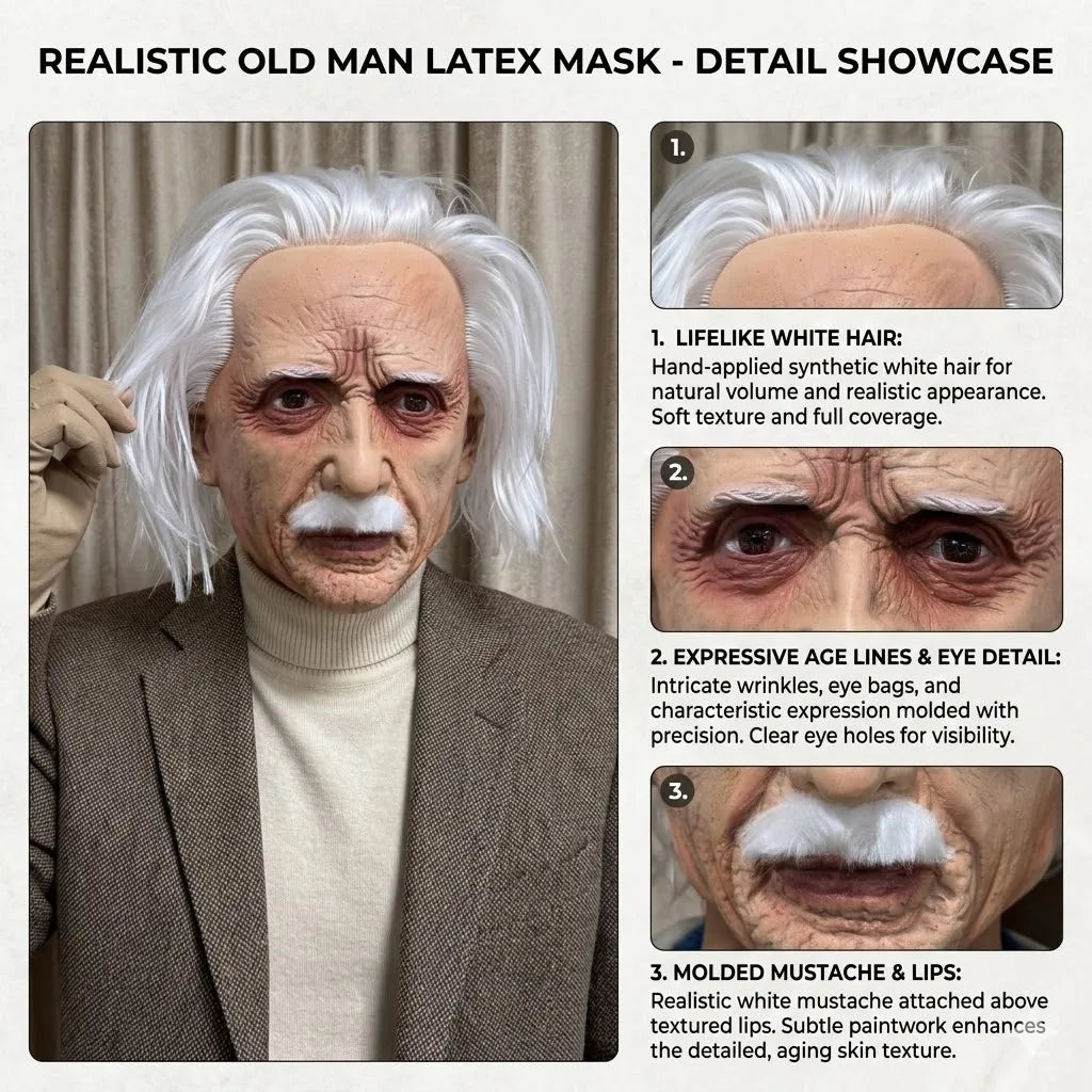 Detail showcase of a realistic old man latex mask featuring white hair, expressive age lines, and molded mustache and lips.