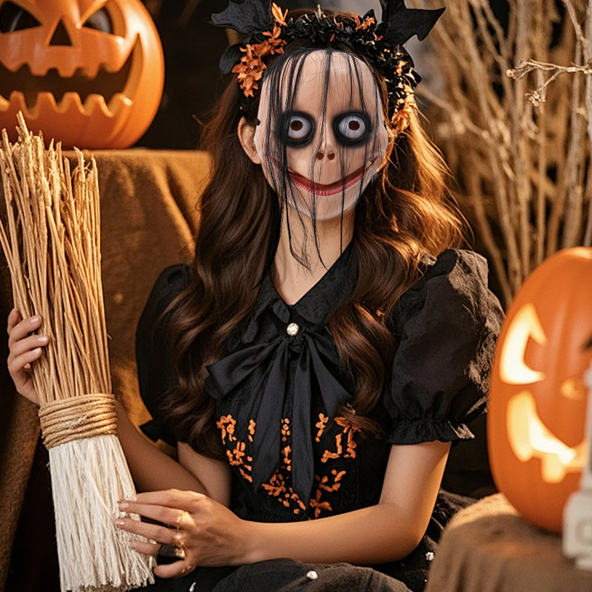 A woman with dark hair and pale makeup wearing a black clown costume with orange accents, posing near a carved pumpkin.
