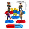 A set of five robot-themed disposable party supplies including a standing figure and various colored paper fans.