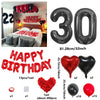 A set of red and black birthday balloons including a 30-inch number balloon, heart balloons, and solid colored balloons.