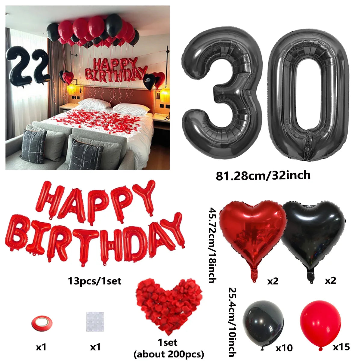 A set of red and black birthday balloons including a 30-inch number balloon, heart balloons, and solid colored balloons.