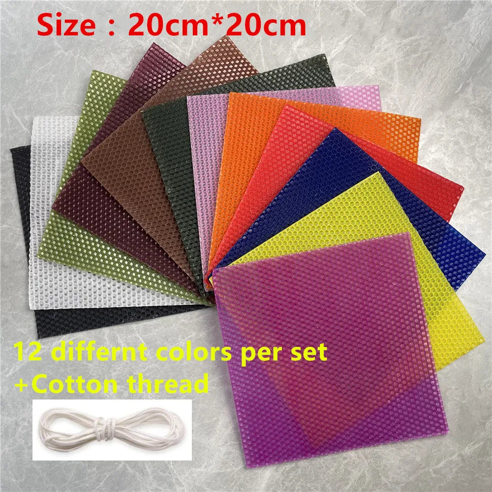 A set of 12 different colored honeycomb beeswax candle DIY kits with cotton thread