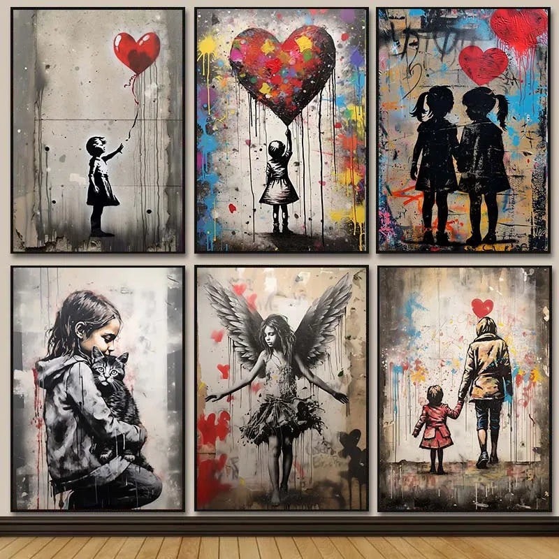 A grid of four canvas wall art pieces featuring Banksy style balloon girl imagery and vibrant colors.