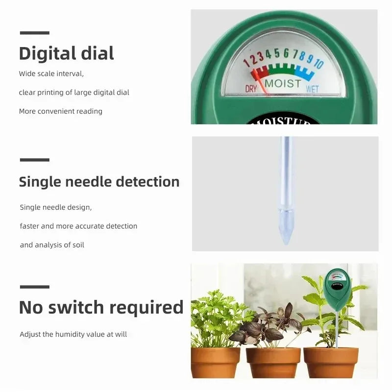 A green digital dial soil meter with dry, moist, and wet indicators for measuring plant moisture.