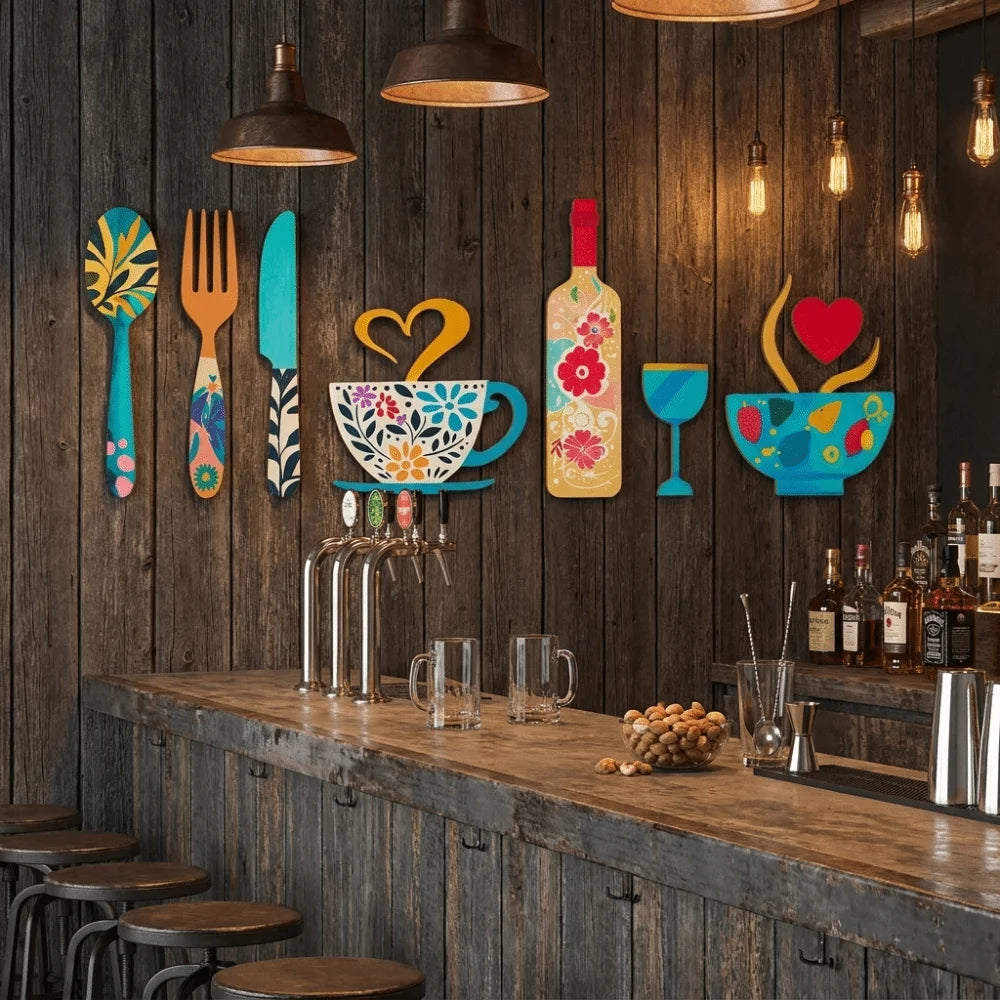 A set of rustic wood floral kitchen decor featuring wooden utensils and colorful ceramicware hanging on a dark wooden wall.